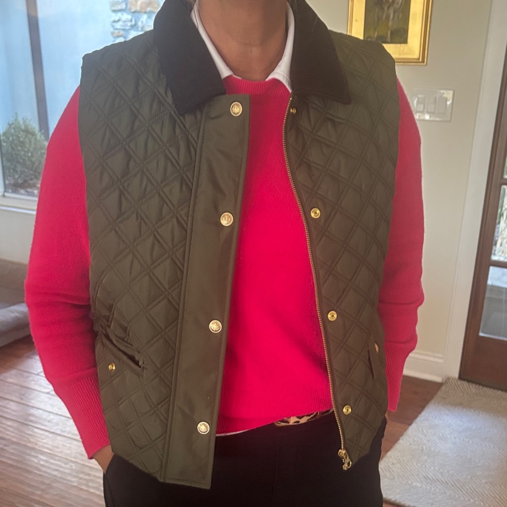 J. Crew Olive Quilted Vest with Black Collar